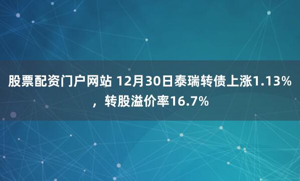 股票配资门户网站 12月30日泰瑞转债上涨1.13%，转股溢价率16.7%